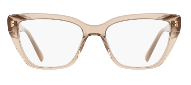 Nude brown acetate cat-eye optical frames with lifted corners and clear lenses