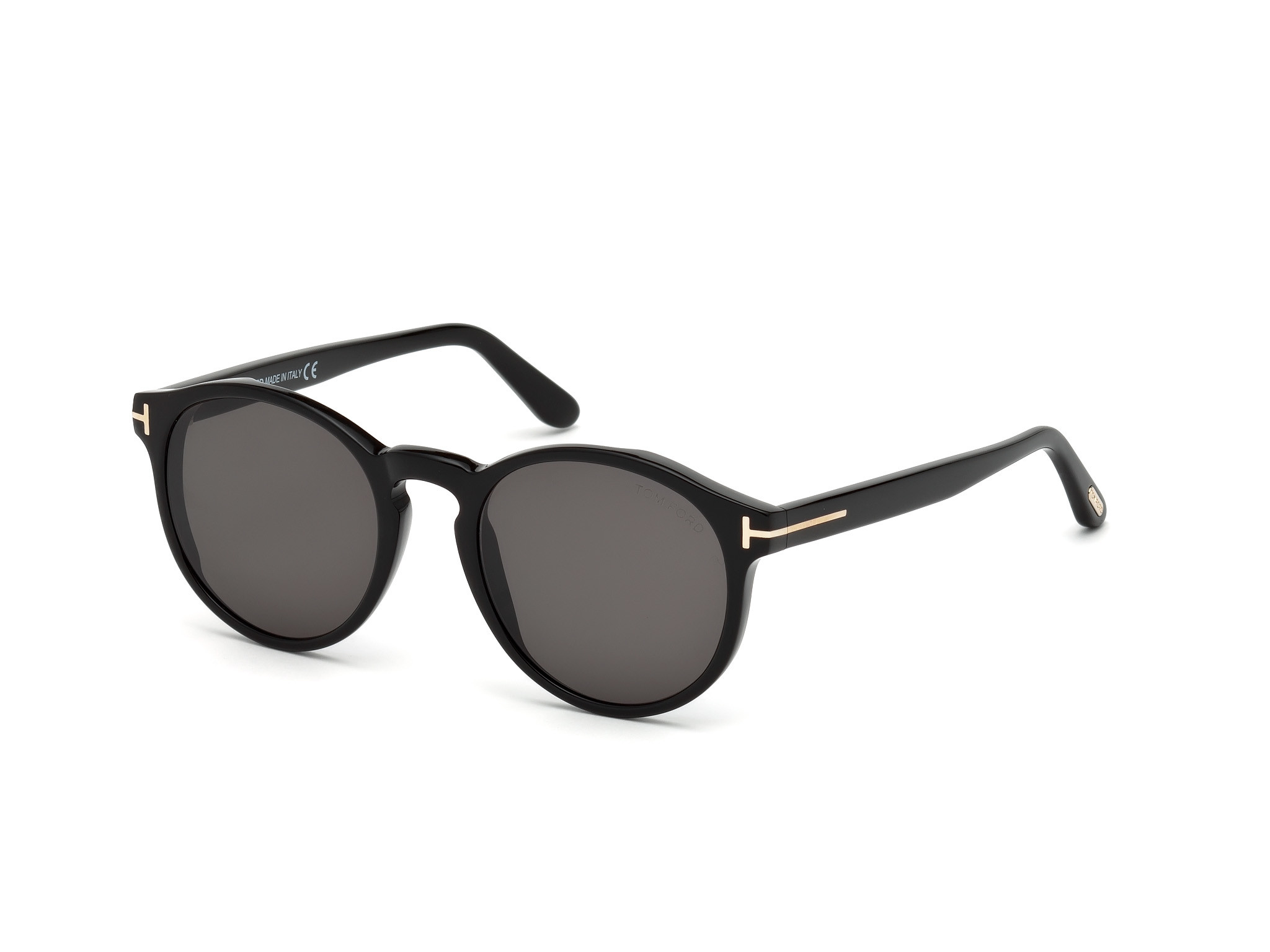 Tom Ford FT0591 Ian-02 round sunglasses in Shiny Black, Rose Gold T Logo/Smoke Lenses