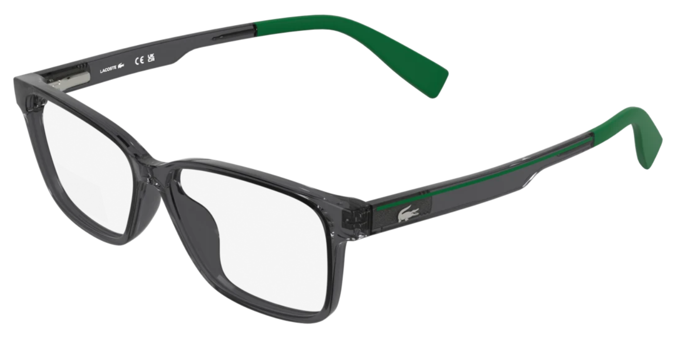 Transparent grey rectangular acetate optical frames with forest green temples, Lacoste kids style