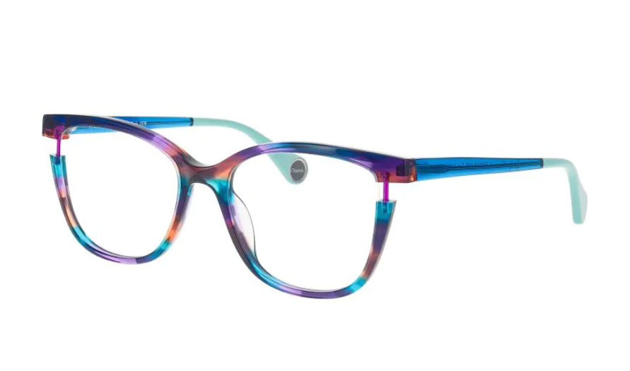 Multicolor acetate rectangular eyeglasses with blue, purple, and turquoise gradient, bright blue temples