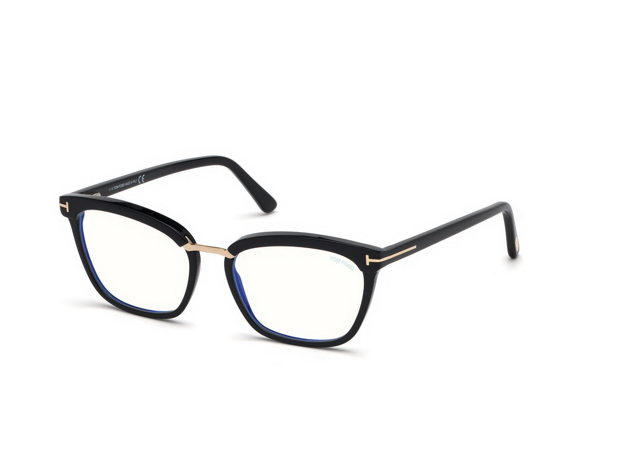 Tom Ford FT5550-F-B square eyeglasses in Shiny Black, Rose Gold Details