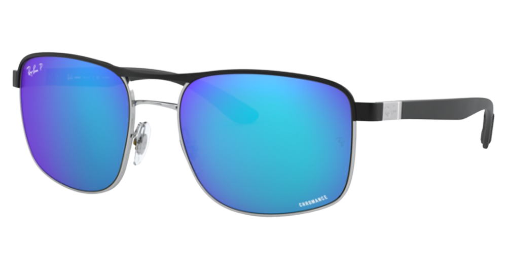 Ray-Ban RB3660CH aviator sunglasses in Matte Black on Silver/Green Mirror Blue
