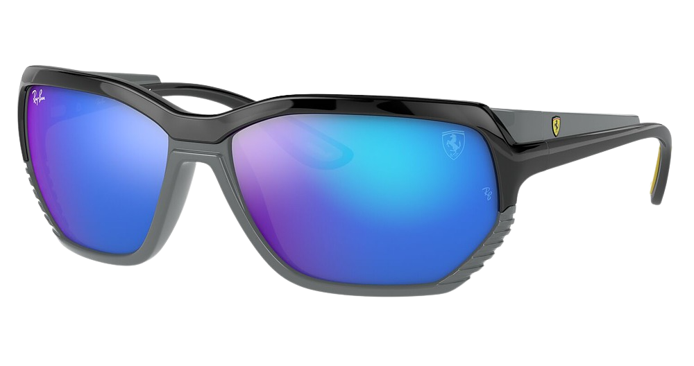 Ray-Ban RB4366M rectangle sunglasses in Black on Grey/Light Green Mirror Blue