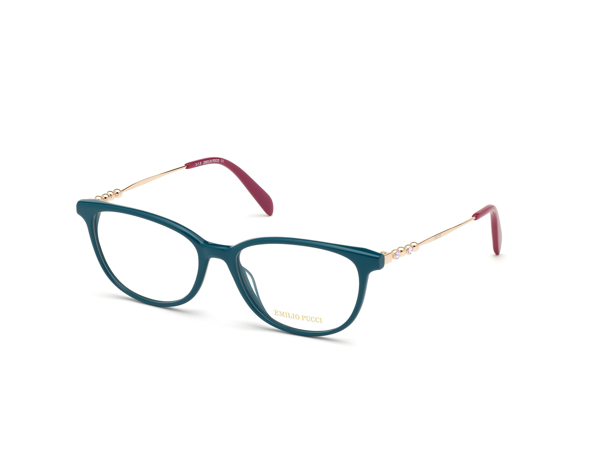 Shiny Teal Front, Rose Gold Temples, Shiny Purple Tips