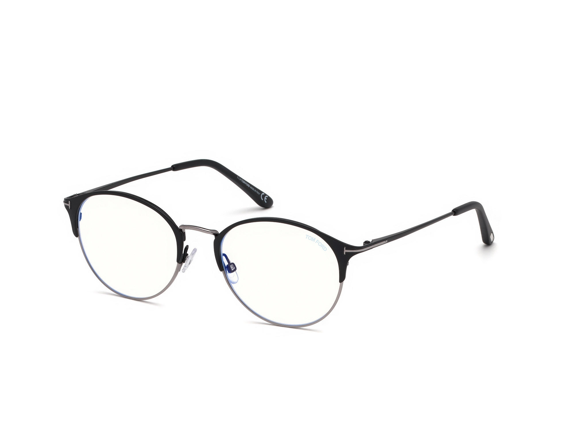 Tom Ford FT5541-B round eyeglasses in Matte Black Enamel, Shiny Light