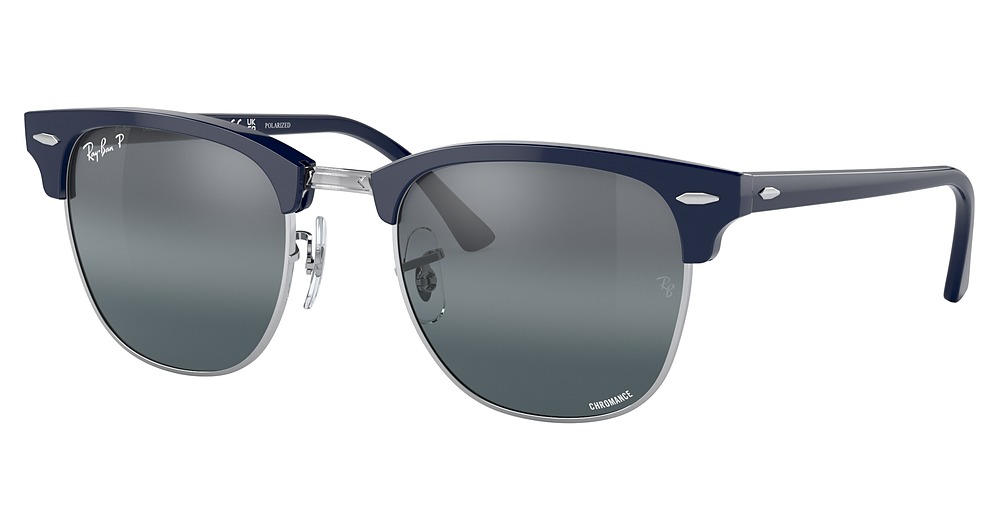 Ray-Ban RB3016F CLUBMASTER round sunglasses in Blue on Silver/Polarized Dark Blue Mirror
