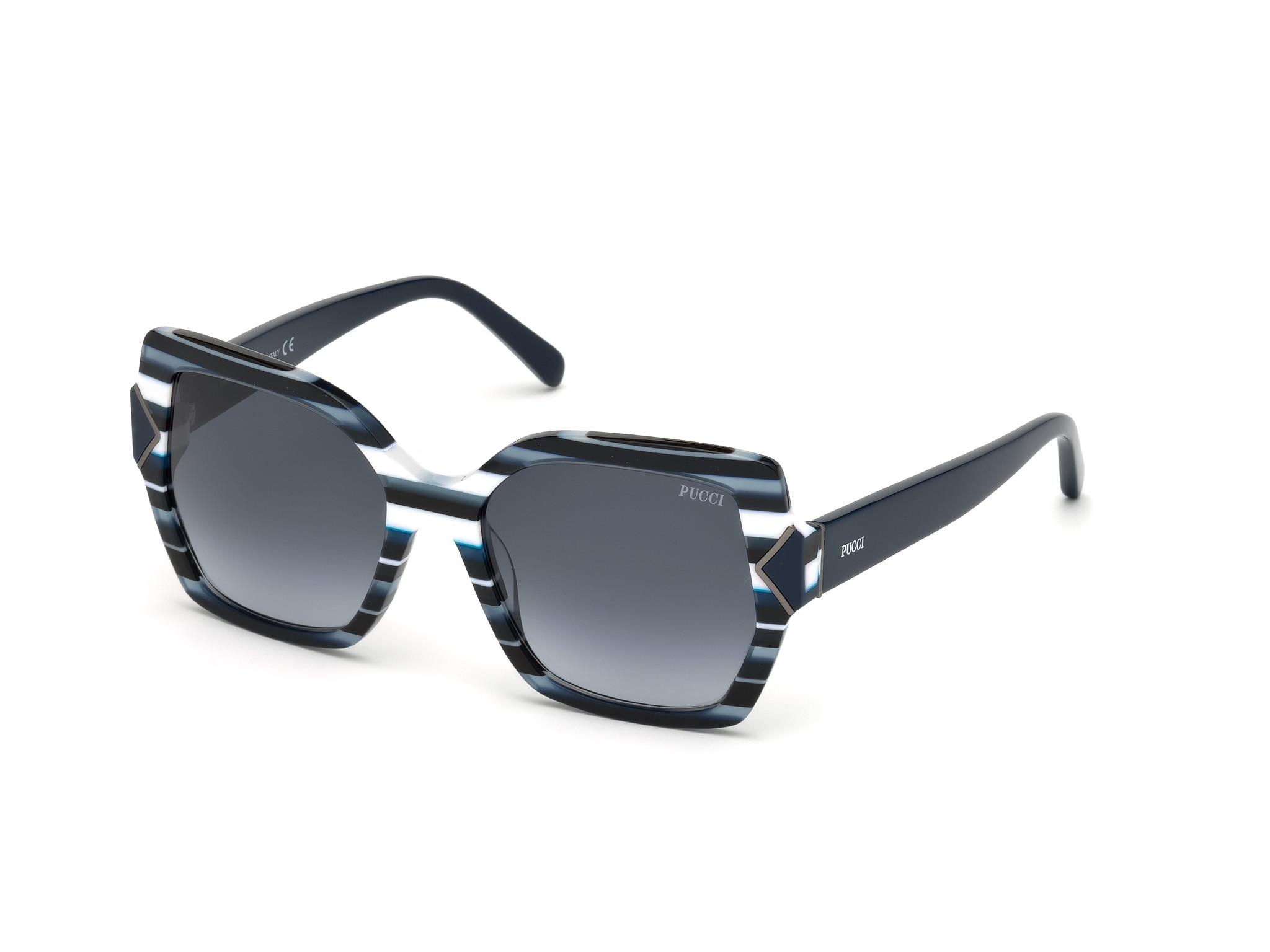 Striped Blue, White, Grey, Black W. Blue Temples/ Grad. Blue Lenses
